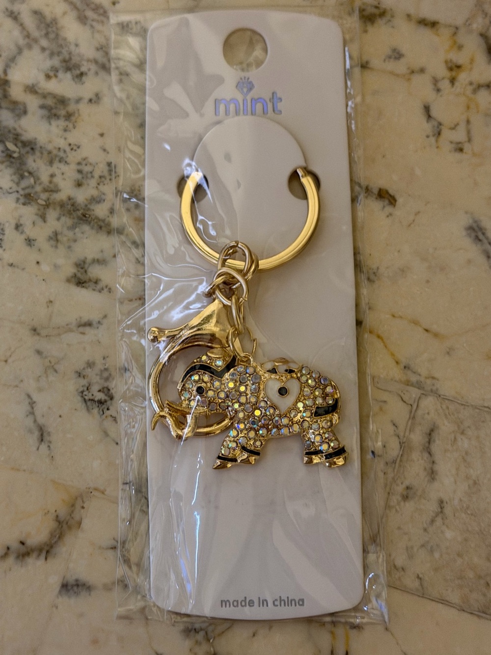 Mint Gold Crystal Elephant Keychain